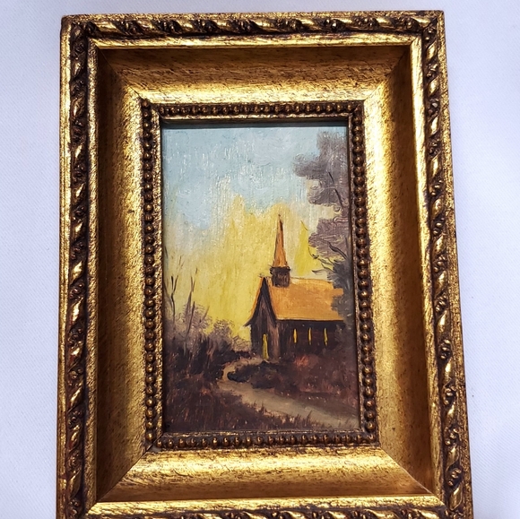 Gold Framed Oil Painting Church Landscape  5.75x4.24" Violet Linton  Vtg - Picture 2 of 8